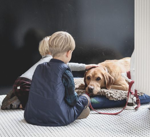 Two children sit on a tiled floor, petting a resting dog lying on a cushion.